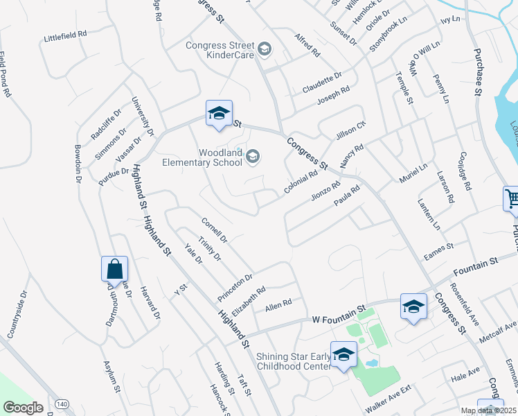 map of restaurants, bars, coffee shops, grocery stores, and more near 21 Colonial Road in Milford