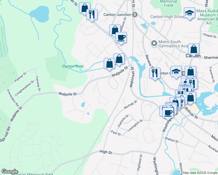 map of restaurants, bars, coffee shops, grocery stores, and more near 84 Walpole Street in Canton
