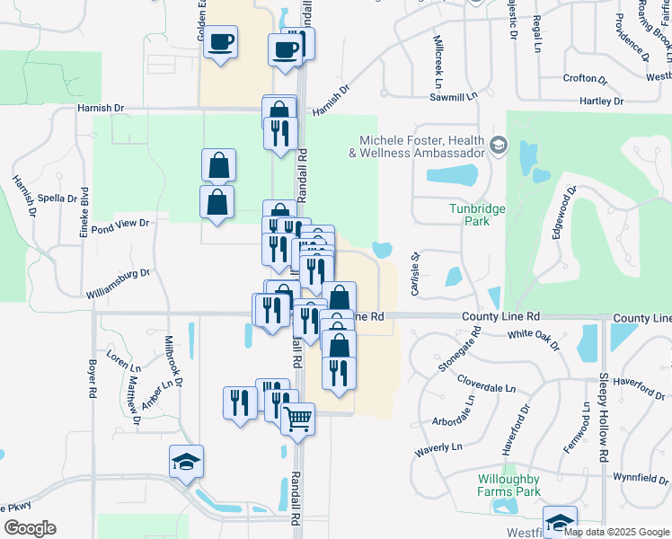 map of restaurants, bars, coffee shops, grocery stores, and more near 1442 Merchant Drive in Algonquin