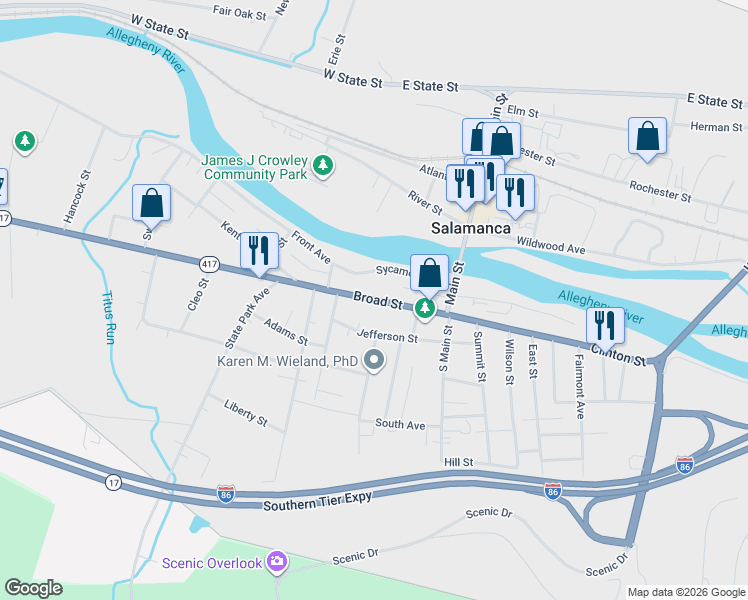 map of restaurants, bars, coffee shops, grocery stores, and more near Route 417 in Salamanca