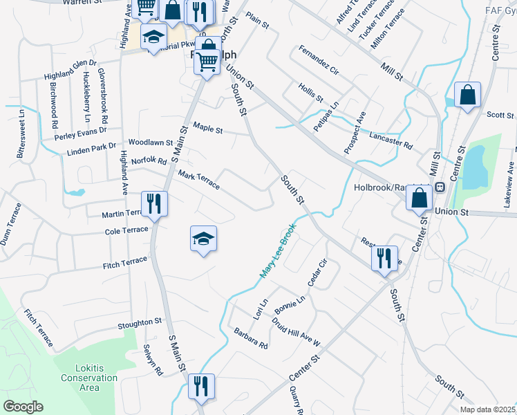map of restaurants, bars, coffee shops, grocery stores, and more near 16 Lantern Lane in Randolph