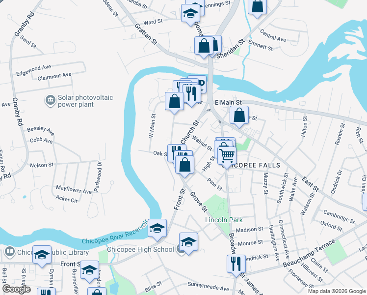map of restaurants, bars, coffee shops, grocery stores, and more near 18 Walnut St in Chicopee