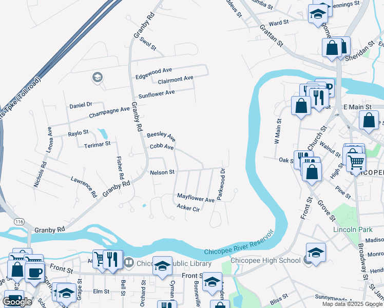 map of restaurants, bars, coffee shops, grocery stores, and more near 112 Cobb Avenue in Chicopee
