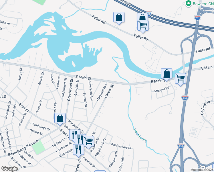 map of restaurants, bars, coffee shops, grocery stores, and more near 694 East Main Street in Chicopee