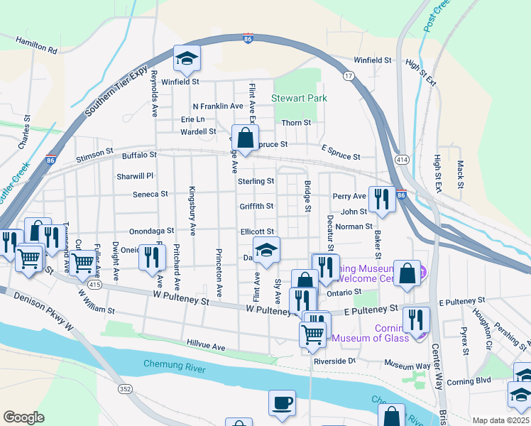 map of restaurants, bars, coffee shops, grocery stores, and more near 77 Griffith Street in Corning