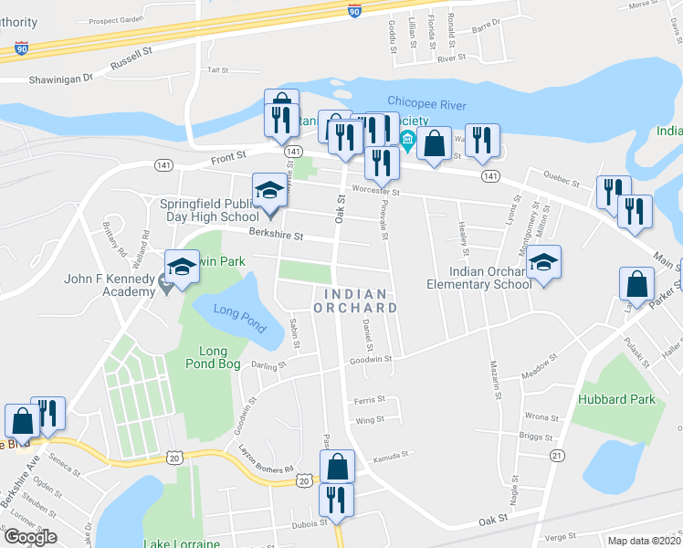map of restaurants, bars, coffee shops, grocery stores, and more near 159 Hampshire Street in Springfield