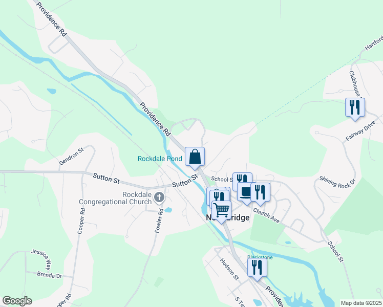 map of restaurants, bars, coffee shops, grocery stores, and more near 2376 Providence Road in Northbridge