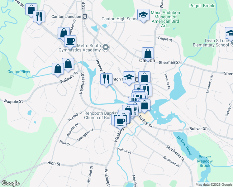 map of restaurants, bars, coffee shops, grocery stores, and more near 96 Revere Street in Canton