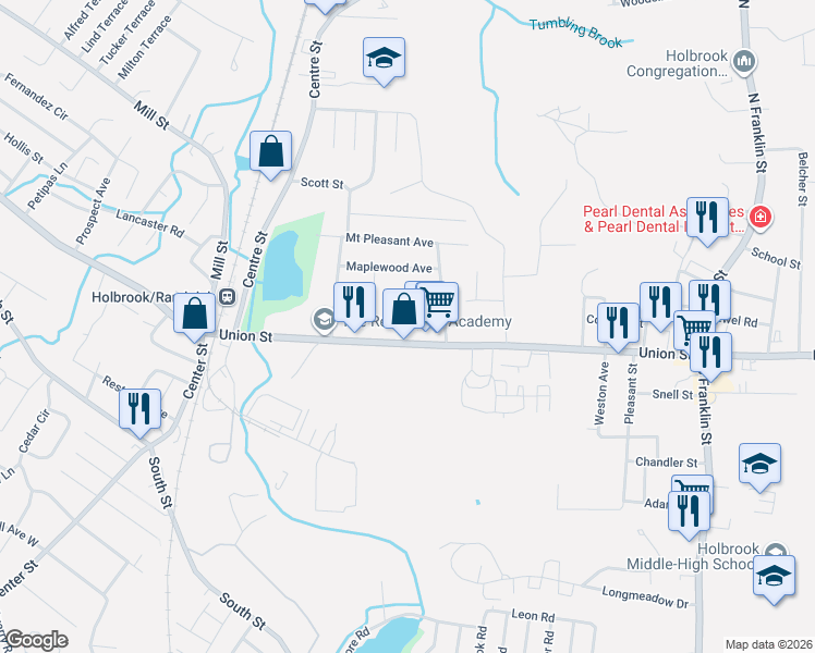 map of restaurants, bars, coffee shops, grocery stores, and more near 254 Union Street in Holbrook