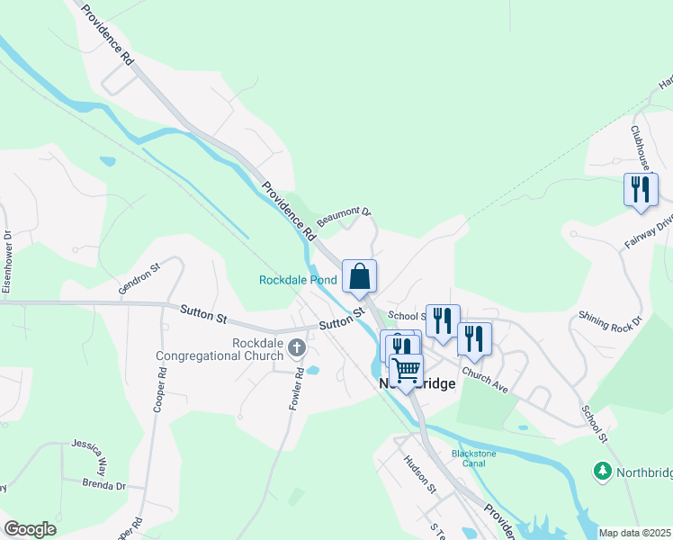 map of restaurants, bars, coffee shops, grocery stores, and more near 2 Providence Road in Northbridge