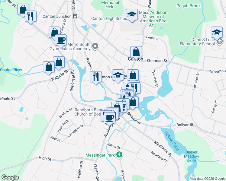 map of restaurants, bars, coffee shops, grocery stores, and more near 71 Revere Street in Canton