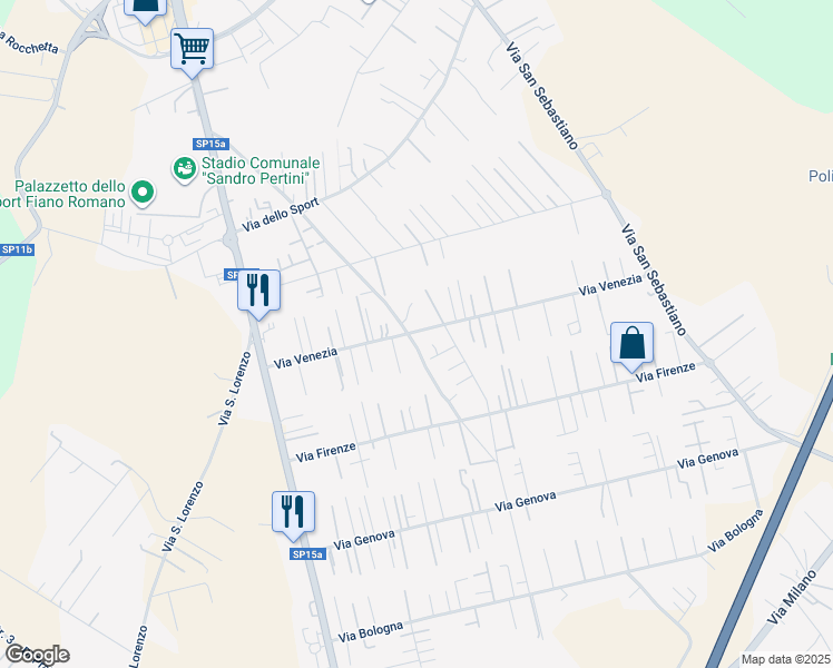 map of restaurants, bars, coffee shops, grocery stores, and more near 33 Via Venezia in Fiano Romano