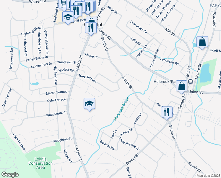 map of restaurants, bars, coffee shops, grocery stores, and more near 16 Lantern Lane in Randolph