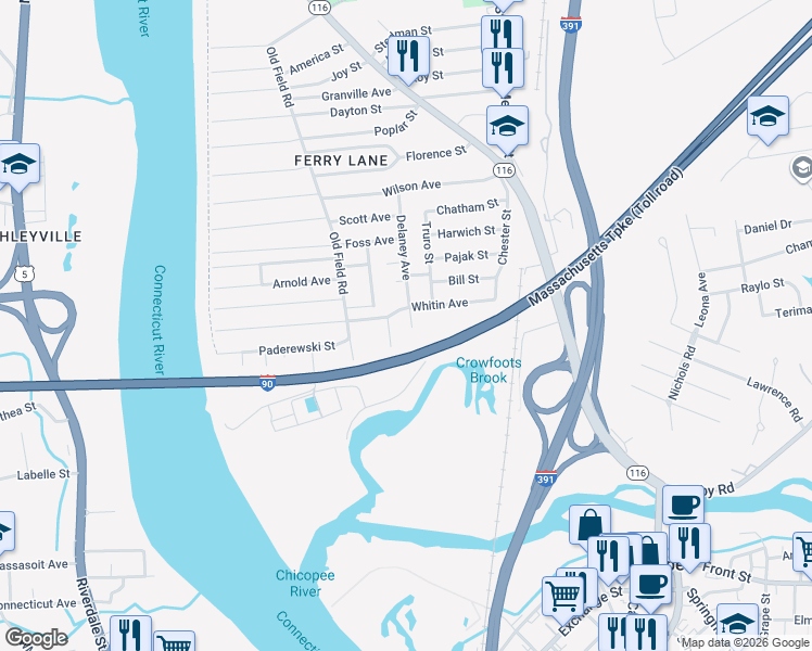 map of restaurants, bars, coffee shops, grocery stores, and more near 7 Trafton Street in Chicopee