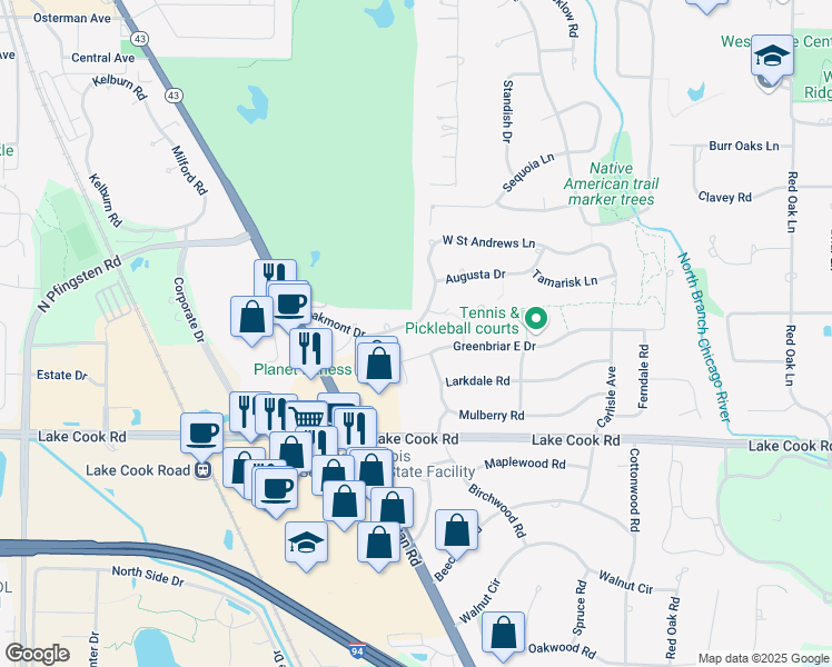 map of restaurants, bars, coffee shops, grocery stores, and more near 165 Exmoor Court in Deerfield
