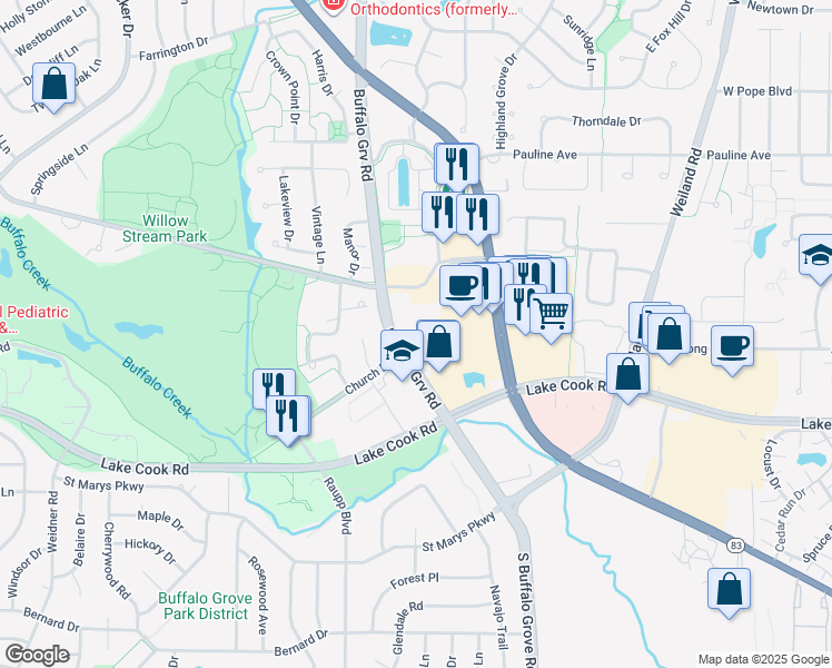 map of restaurants, bars, coffee shops, grocery stores, and more near 125 North Buffalo Grove Road in Buffalo Grove