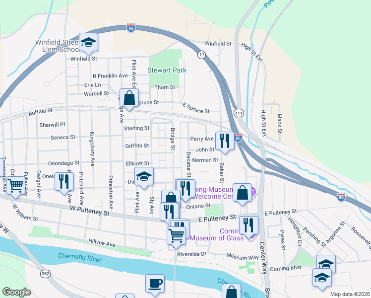 map of restaurants, bars, coffee shops, grocery stores, and more near 242 Decatur Street in Corning