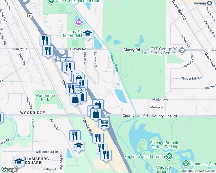 map of restaurants, bars, coffee shops, grocery stores, and more near 1323 Hiawatha Court in Highland Park