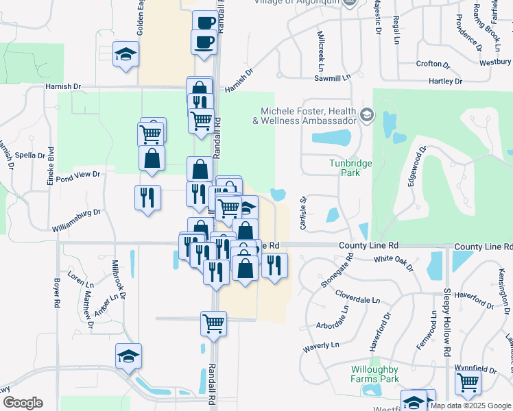 map of restaurants, bars, coffee shops, grocery stores, and more near 1442 Merchant Drive in Algonquin