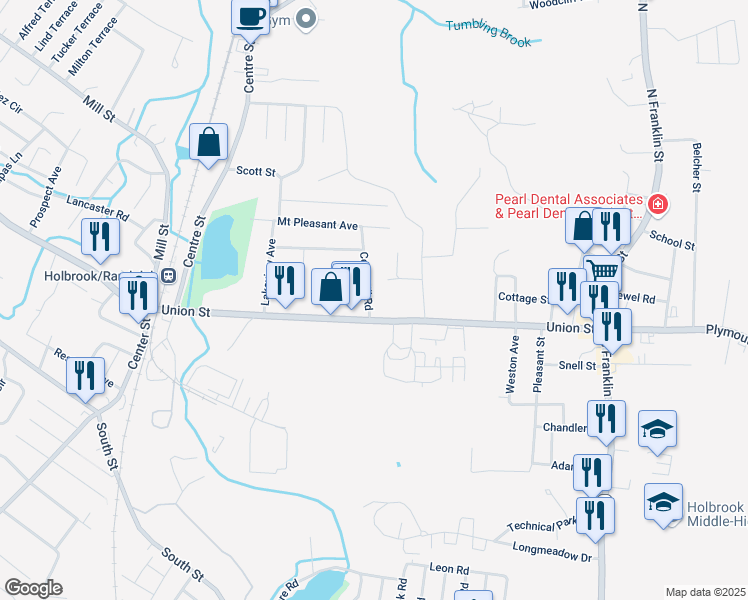 map of restaurants, bars, coffee shops, grocery stores, and more near 28 Cedarhill Road in Holbrook