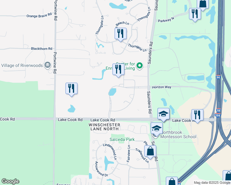 map of restaurants, bars, coffee shops, grocery stores, and more near 2500 Lake Cook Road in Riverwoods