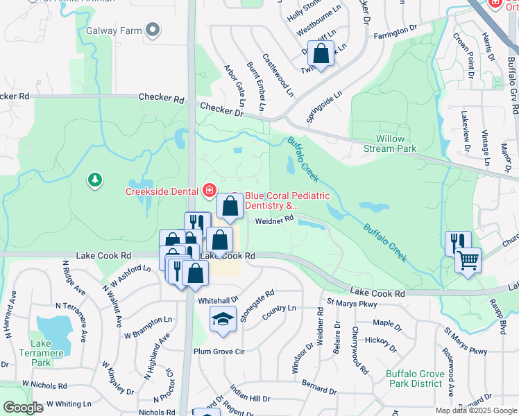 map of restaurants, bars, coffee shops, grocery stores, and more near 1130 West Lake Cook Road in Buffalo Grove