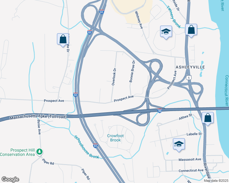 map of restaurants, bars, coffee shops, grocery stores, and more near 42 Overlook Drive in West Springfield