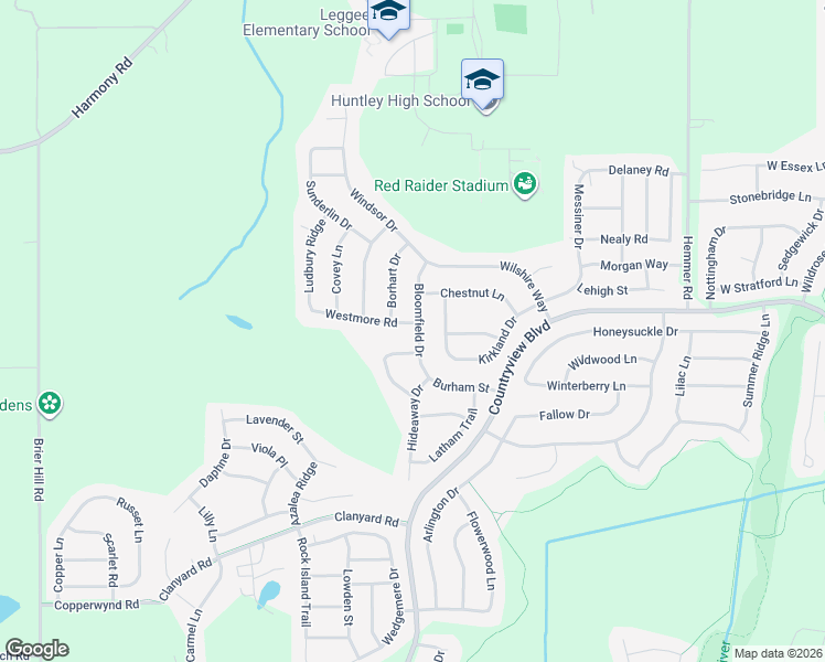 map of restaurants, bars, coffee shops, grocery stores, and more near 13898 Westmore Road in Huntley