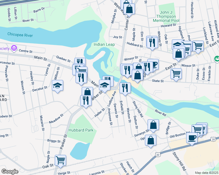 map of restaurants, bars, coffee shops, grocery stores, and more near 536 Main Street in Springfield