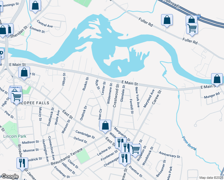 map of restaurants, bars, coffee shops, grocery stores, and more near 33 Wildermere Street in Chicopee