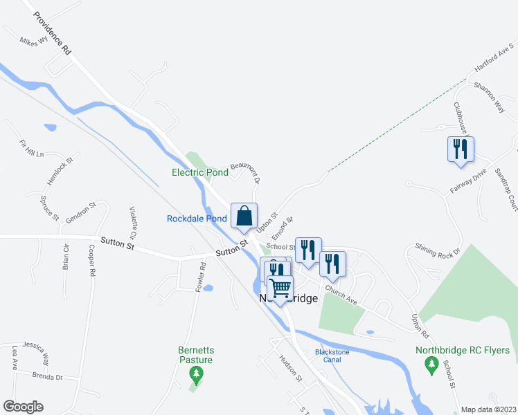 map of restaurants, bars, coffee shops, grocery stores, and more near 2356 Providence Road in Northbridge