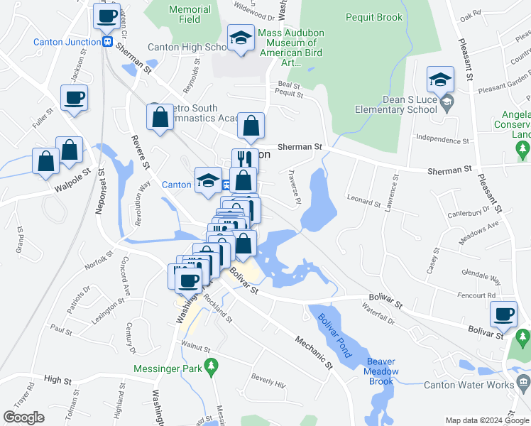 map of restaurants, bars, coffee shops, grocery stores, and more near 38 Curtis Road in Canton