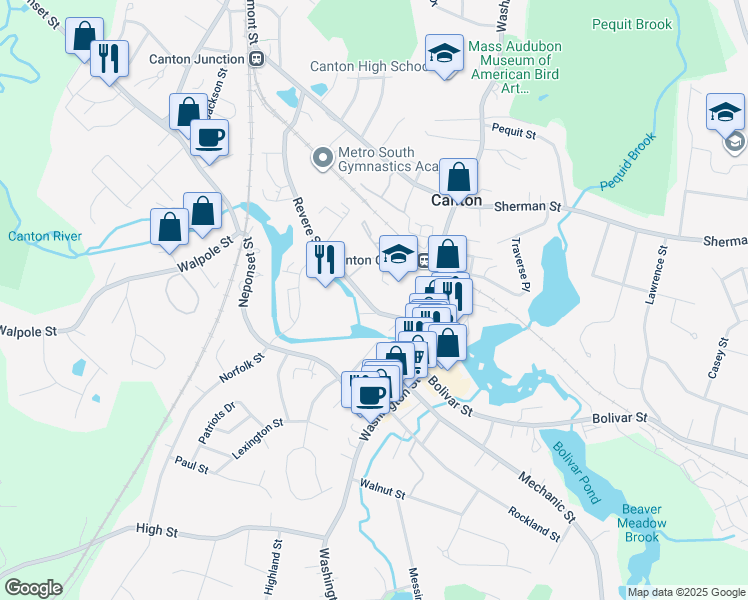 map of restaurants, bars, coffee shops, grocery stores, and more near 121 Revere Street in Canton