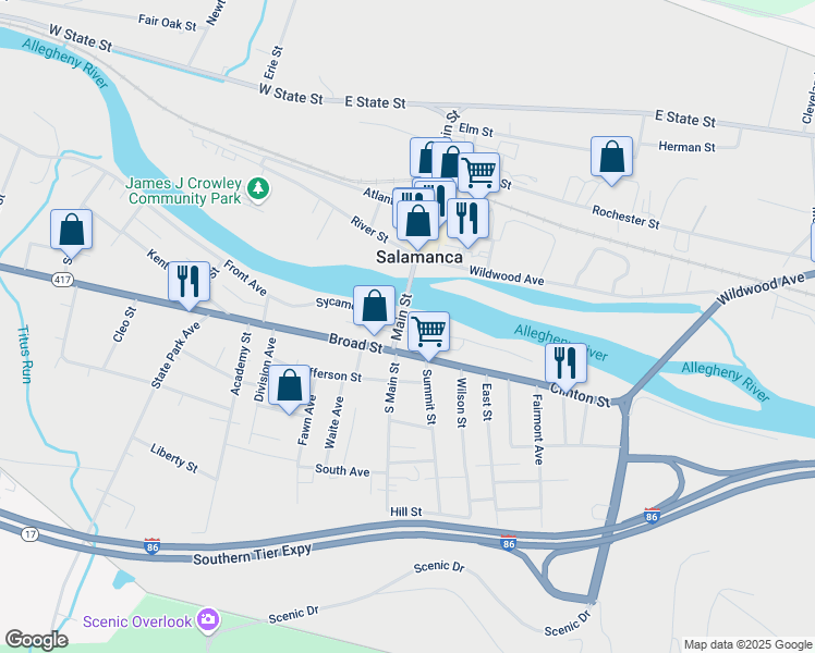 map of restaurants, bars, coffee shops, grocery stores, and more near 34 Main Street in Salamanca