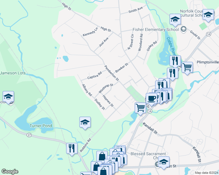map of restaurants, bars, coffee shops, grocery stores, and more near 1 Vane Street in Walpole