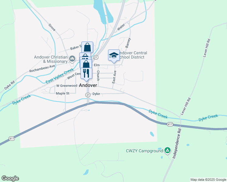 map of restaurants, bars, coffee shops, grocery stores, and more near 56 East Greenwood in Andover