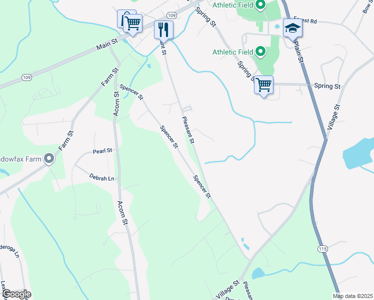 map of restaurants, bars, coffee shops, grocery stores, and more near 64 Spencer Street in Millis