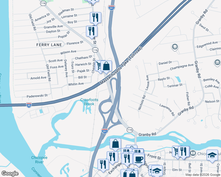map of restaurants, bars, coffee shops, grocery stores, and more near 77 Chicopee Street in Chicopee