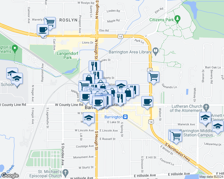 map of restaurants, bars, coffee shops, grocery stores, and more near 216 Franklin Street in Barrington