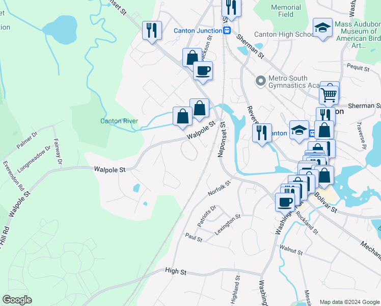 map of restaurants, bars, coffee shops, grocery stores, and more near 84 Walpole Street in Canton