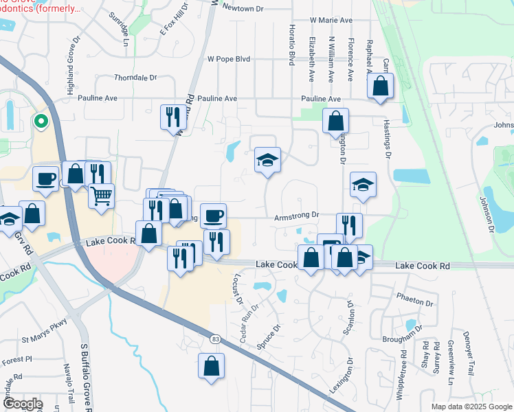 map of restaurants, bars, coffee shops, grocery stores, and more near 120 Horatio Boulevard in Buffalo Grove
