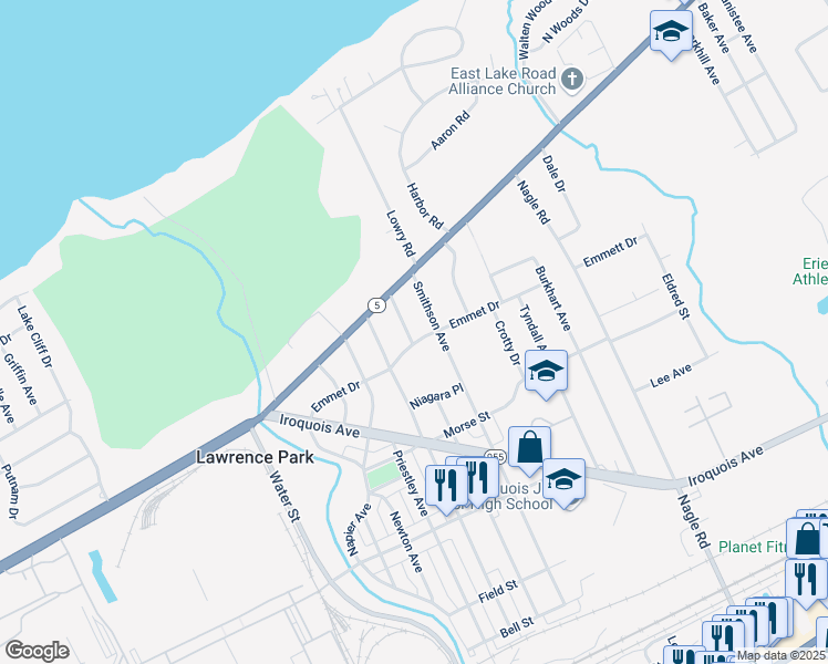 map of restaurants, bars, coffee shops, grocery stores, and more near 530 Silliman Avenue in Erie