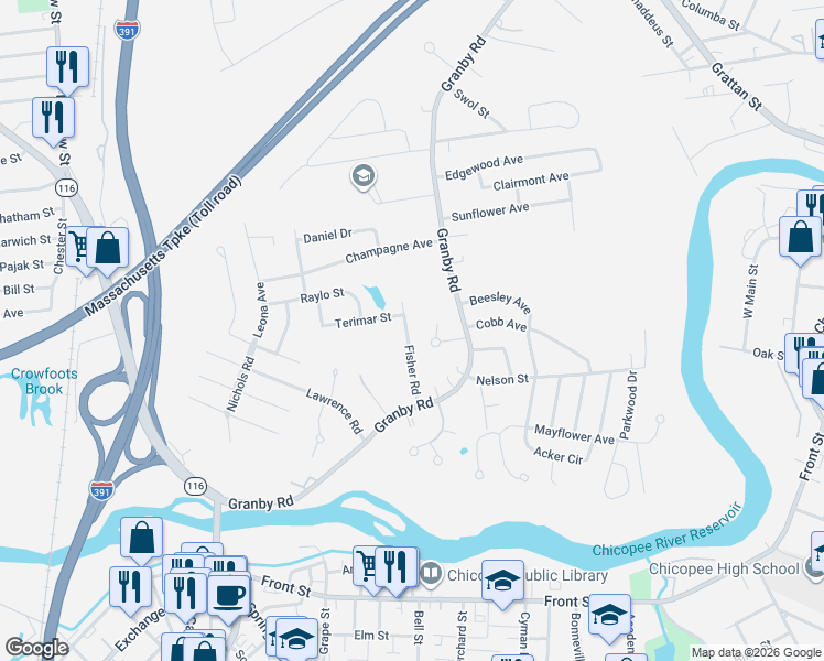 map of restaurants, bars, coffee shops, grocery stores, and more near 75 Fisher Road in Chicopee