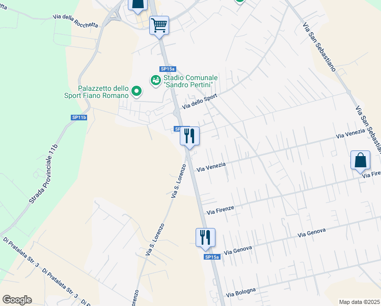 map of restaurants, bars, coffee shops, grocery stores, and more near 90 SP15a in Fiano Romano