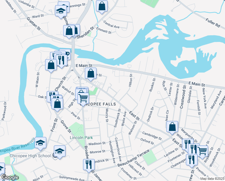 map of restaurants, bars, coffee shops, grocery stores, and more near 38 Fuller Street in Chicopee
