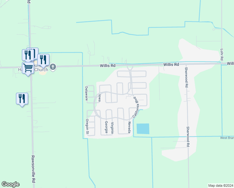 map of restaurants, bars, coffee shops, grocery stores, and more near California Boulevard in Belleville
