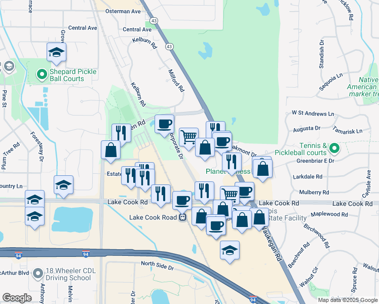 map of restaurants, bars, coffee shops, grocery stores, and more near 510 Lake Cook Road in Deerfield