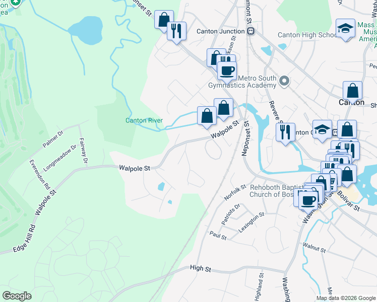 map of restaurants, bars, coffee shops, grocery stores, and more near 32 Grand Street in Canton