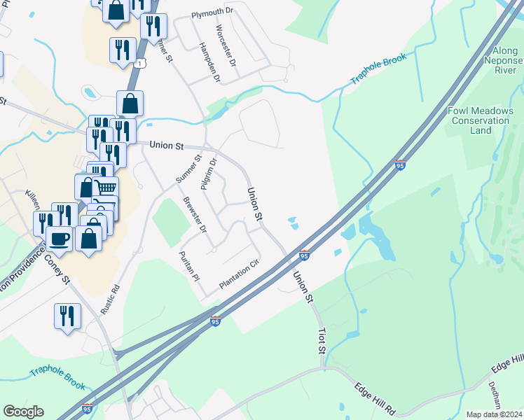 map of restaurants, bars, coffee shops, grocery stores, and more near 246 Union Street in Norwood
