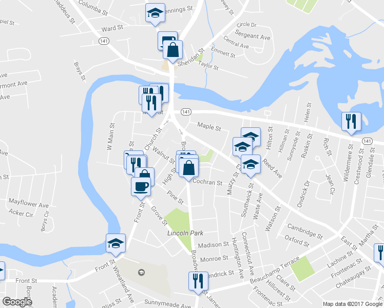 map of restaurants, bars, coffee shops, grocery stores, and more near  in Chicopee
